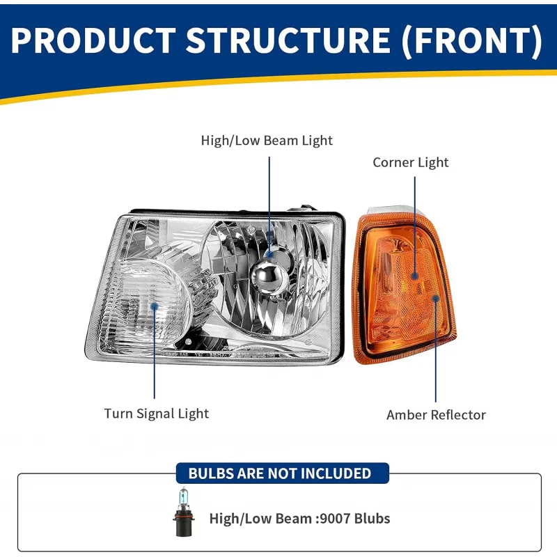 Headlight Assembly Compatible with 2001-2011 Ranger Housing Large Amber Corner Lights Headlamp