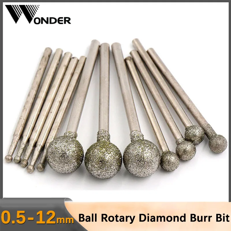 5-20pcs 0.5 0.6 0.8 1 1.2 1.5 - 12mm Ball Round Rotary Diamond Burr Drill 100 Grit Bit 2.35mm 3mm Shank Glass Carving