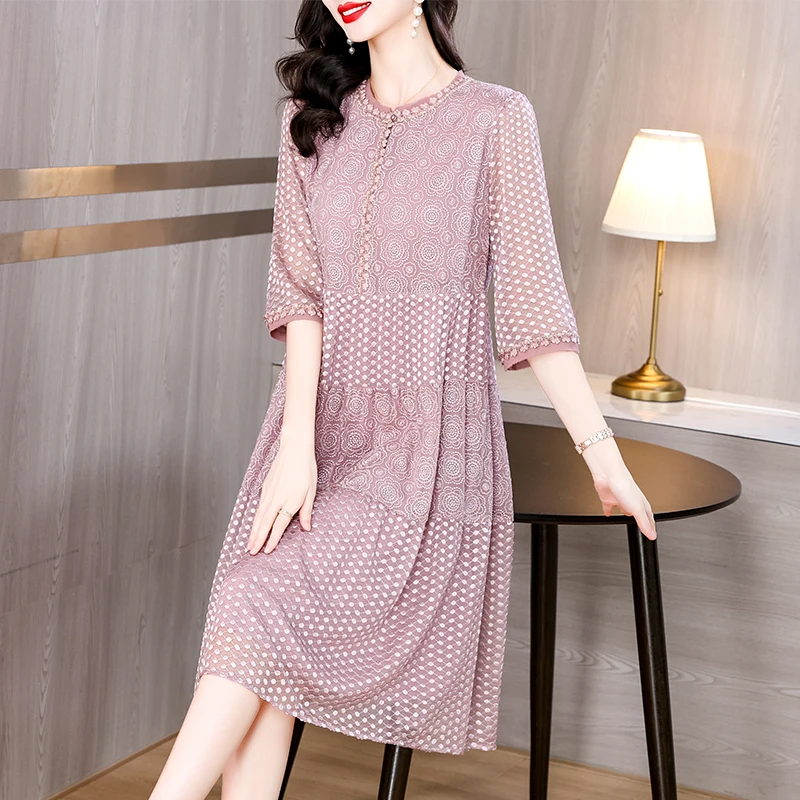 AIMEILI Summer Lady Short Sleeve Dress Plus Size Dresses Elegant Long Dress Women Sexy O-Neck Party Vintage Loose Dress Vestidos