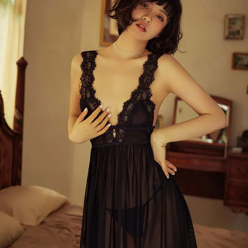 

Sexy Transparent Red Lingerie Women's Underwear Lace Nightdress And Panty Pijamas Sets Female Sexy Nighty Sleeveless Pajama