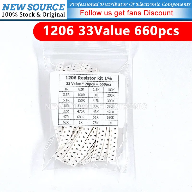 

Набор резисторов 660 1206 SMD комплект резисторов в ассортименте 1R - 1M Ohm 33 valuesX 20 шт., образец сопротивления 1%/3,3/10/22/5,1 R K, 47/62 шт.