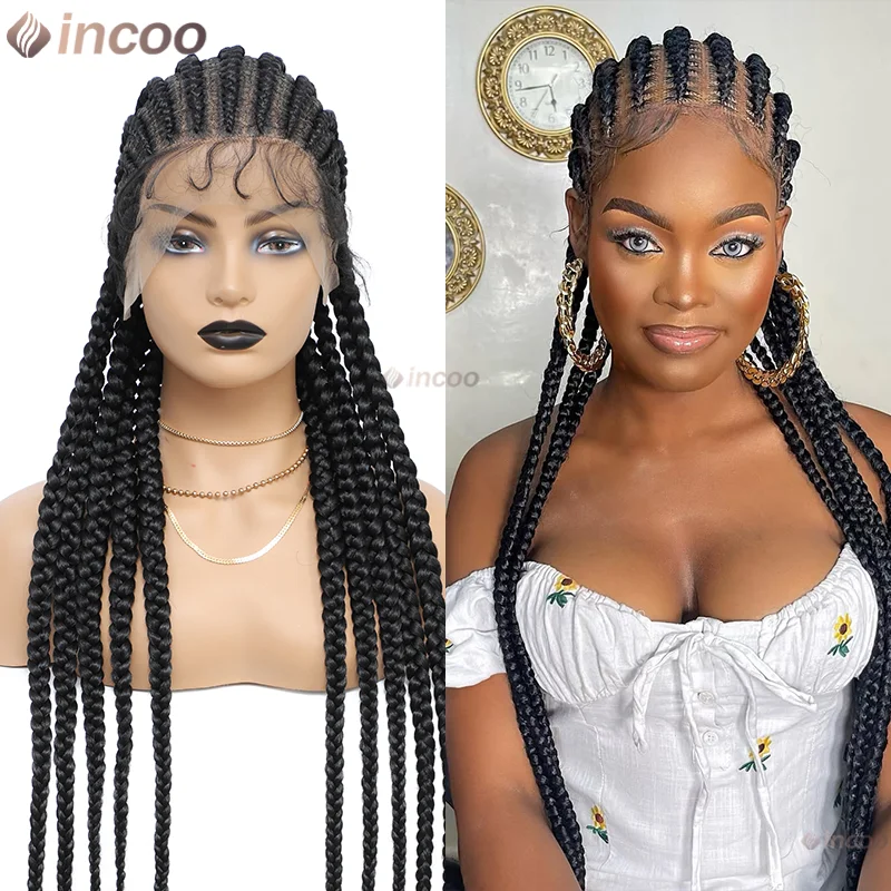 

36" Full Lace Front Wig for Black Women Synthetic Knotless Box Braiding Wigs With Baby Hair Cornrow Braids Lace Wigs