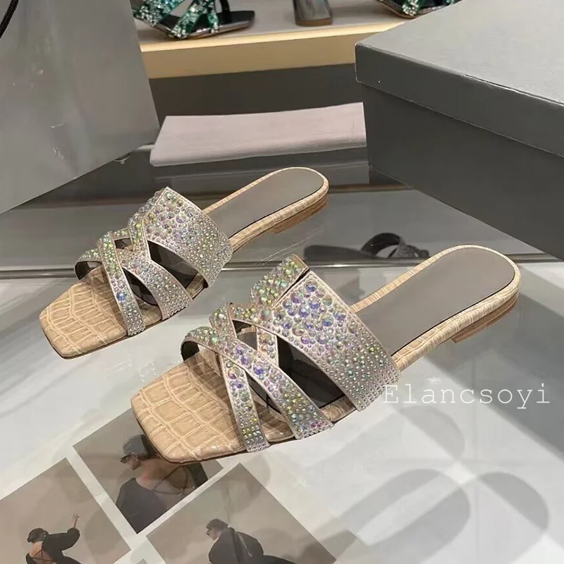 لامعة حجر الراين نعال مسطحة المرأة ساحة تو قدس الصنادل كسول الصيف شباشب على الموضة في الهواء الطلق عطلة أحذية الشاطئ #4