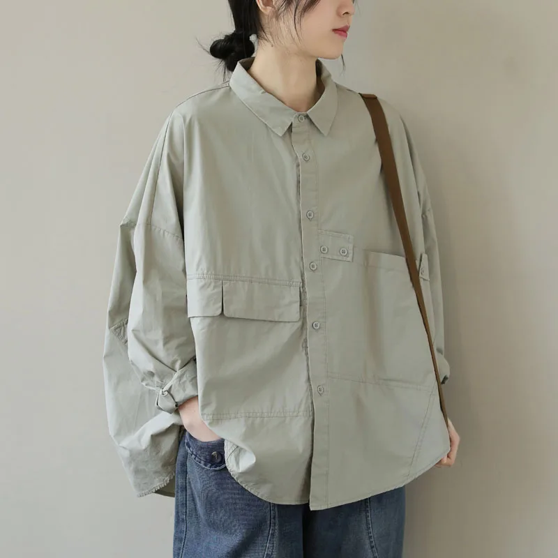 

Loose Long Sve Women's irt Artistic Design Spring Collection Button up Korean Sle Pure Color Commute Friendly