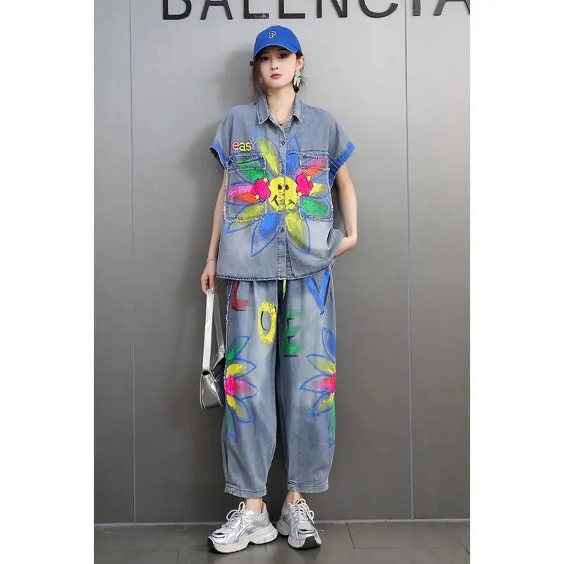 

Niche Design Sense 2025 Spring New Denim Set Female Heavy Industry Graffiti Coat Haren Pants Loose Western Style костюм женский