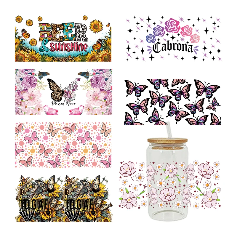 Beautiful Butterfly Flowers 3D UV DTF Transfer Stickers Libbey Cup Wrap Iron For Glass 16oz