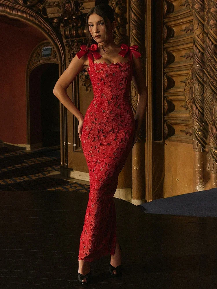 

2025 Bows Lace Sexy Maxi Dress For Women Fashion Sleeveless Backless Bodycon New Year's Birthday Club Party Long Dress