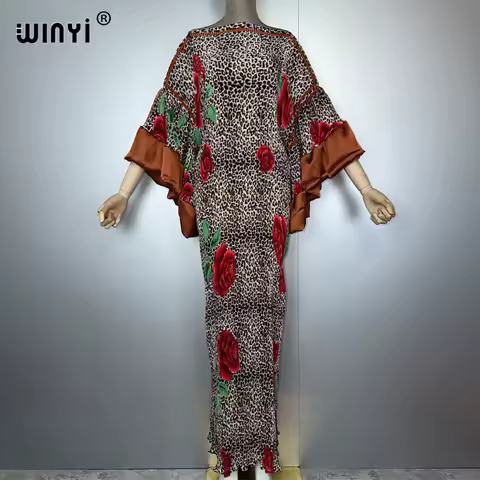 WINYI Pleated Elastic slim dress leopard new beach wear muslim woman kaftan abaya dubai luxury long down boho evening dress