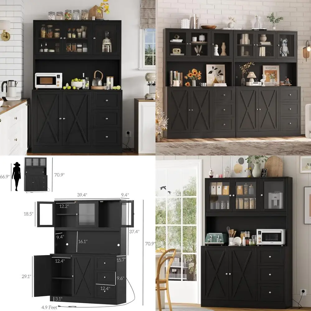 70.9'' Kitchen Pantry, Kitchen Hutch with Microwave Stand & Charging Station, Farmhouse Tall Storage Cabinet with Countertop, B
