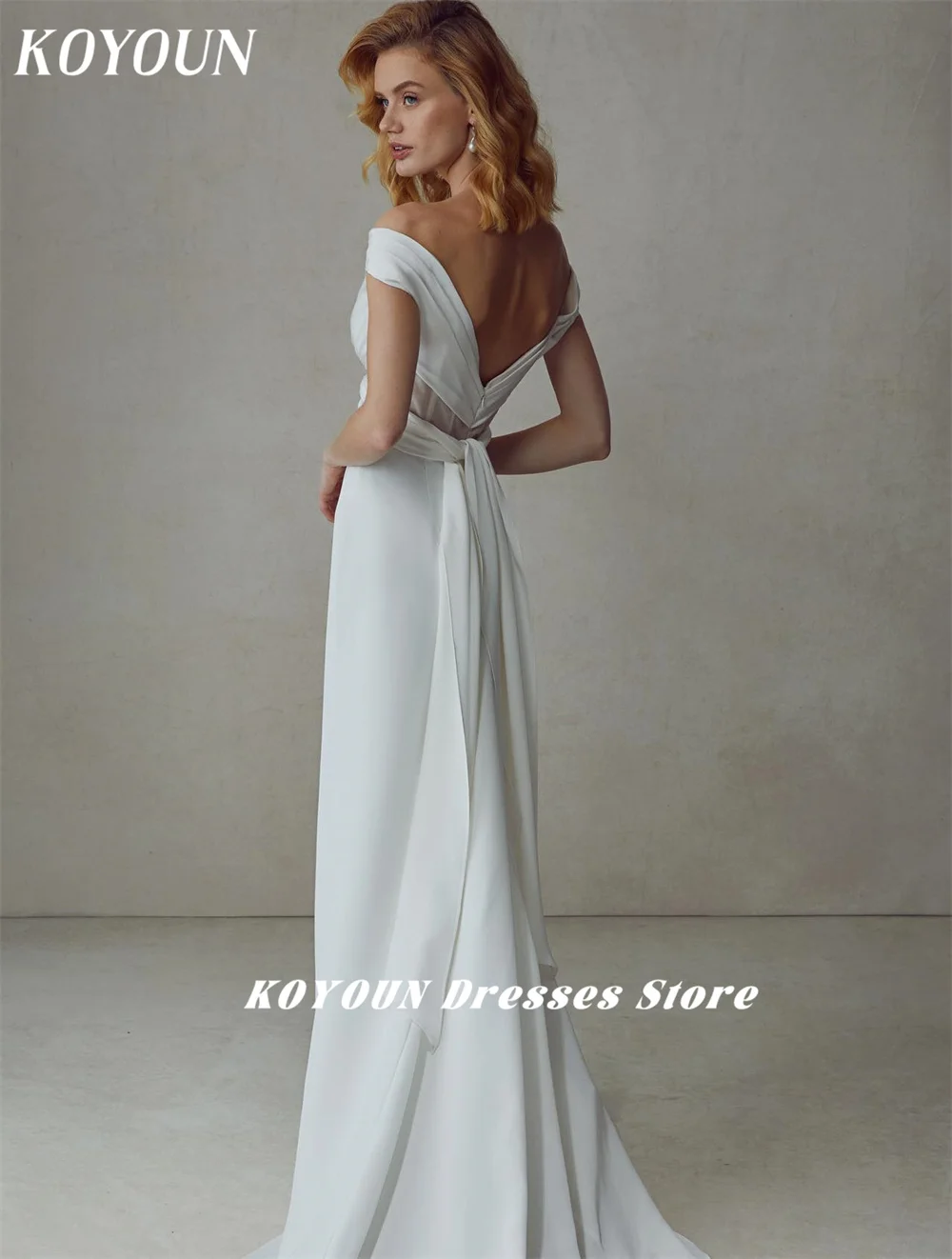 KOYOUN-Off ombro plissado sereia vestidos de casamento, vestidos nupciais, Backless ilusão Robe