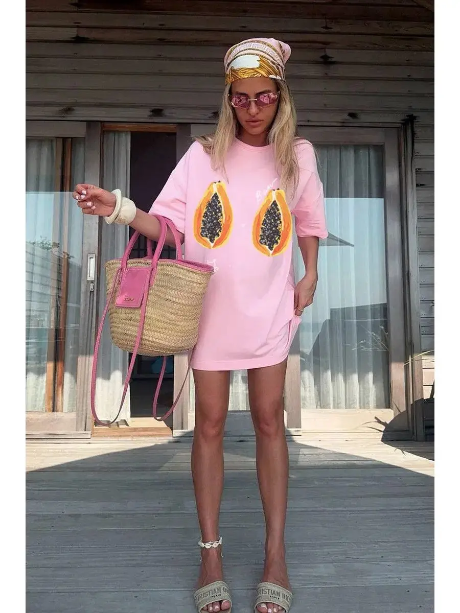 Lovely Cute Fruit Printed Pink T Shirts 100% Pure Cotton Short Sleeve Summer Tee Young Women Holiday Kawaii Clothes Street 2025