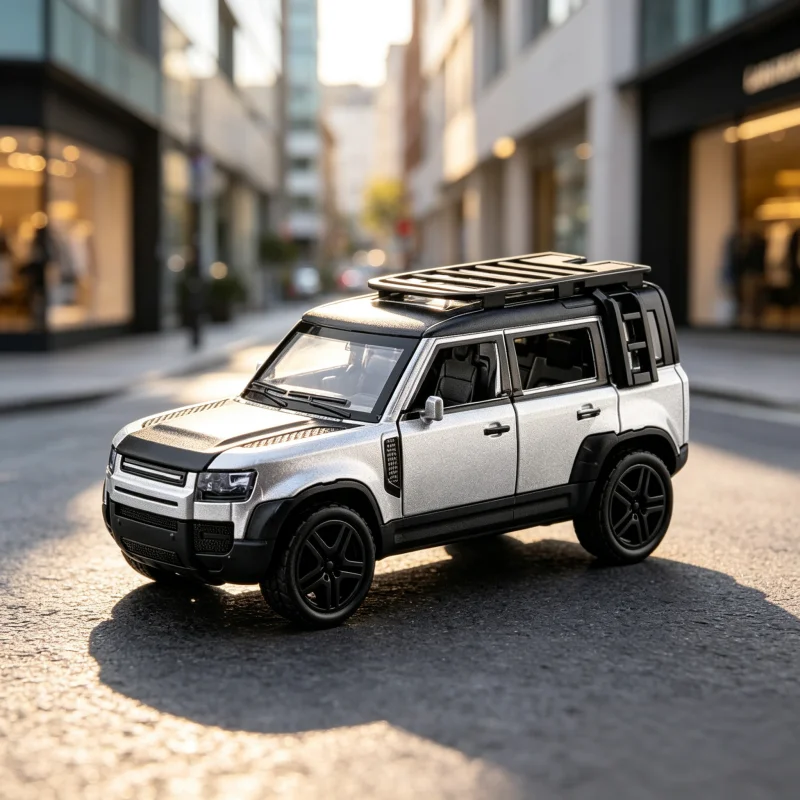 Silver and black hardcore square SUV alloy model car, equipped with a roof rack and rear storage box, can open doors and has a p