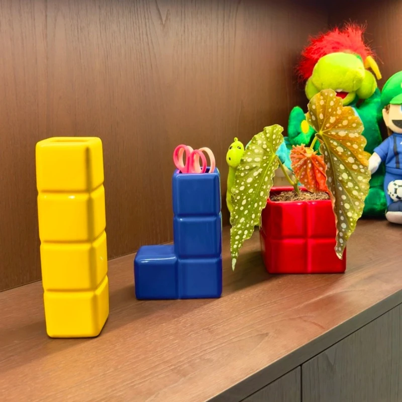 Ins style colorful block ceramic vase Russian building block shaped floral ware fun home desktop flower arrangement ornament