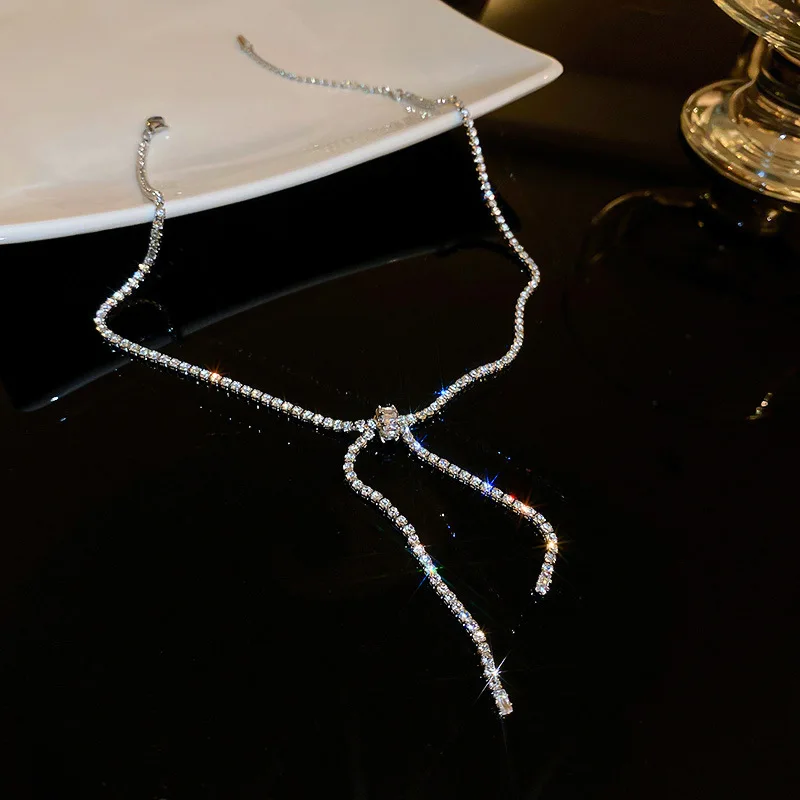 Luxury Shiny Silver Color Zircon Choker Necklace Interspersed Bow Tassel Necklace 2022 New Trendy Exquisite Jewelry Party Gifts