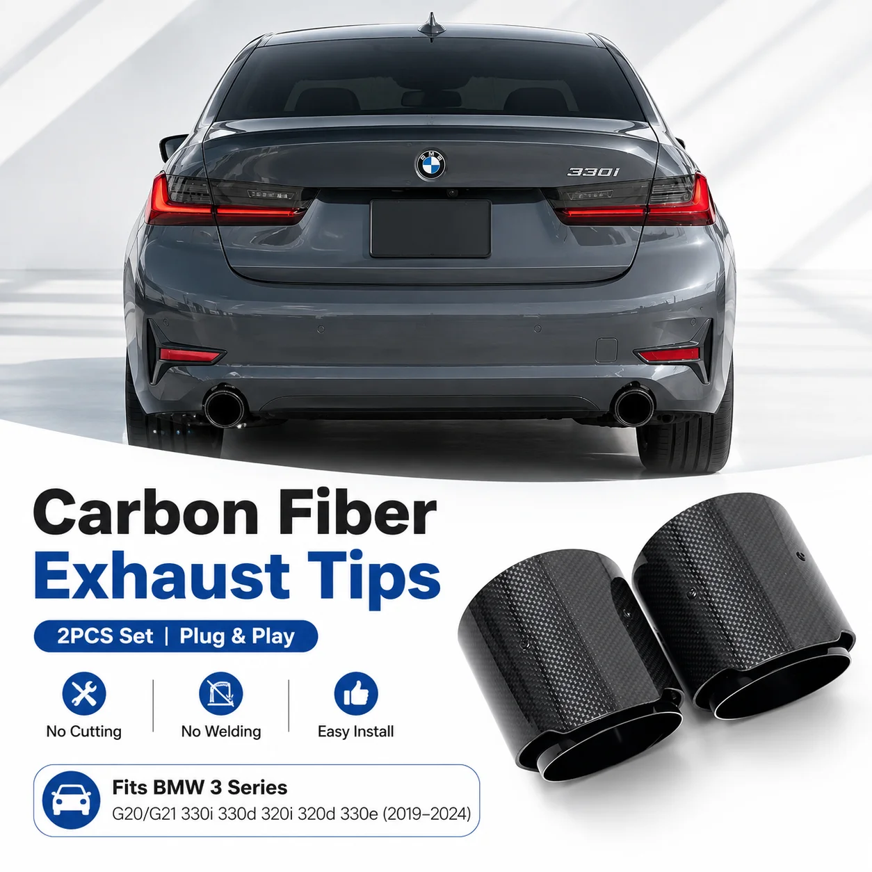 2pcs/lot Carbon Fiber Exhaust Tips For 2019+ BMW 3 Series G20 G21 320d 330i 330d 330e 320i G22 G23 420i 430i Plug&Play Tailpipe