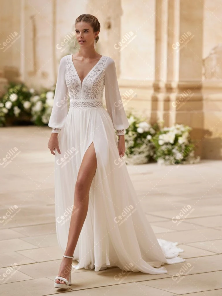بوهيميا فساتين الزفاف ألف خط الشيفون زي العرائس الدانتيل زين الأكمام الطويلة نفخة الجلباب Vestidos De Novia مخصص 2025