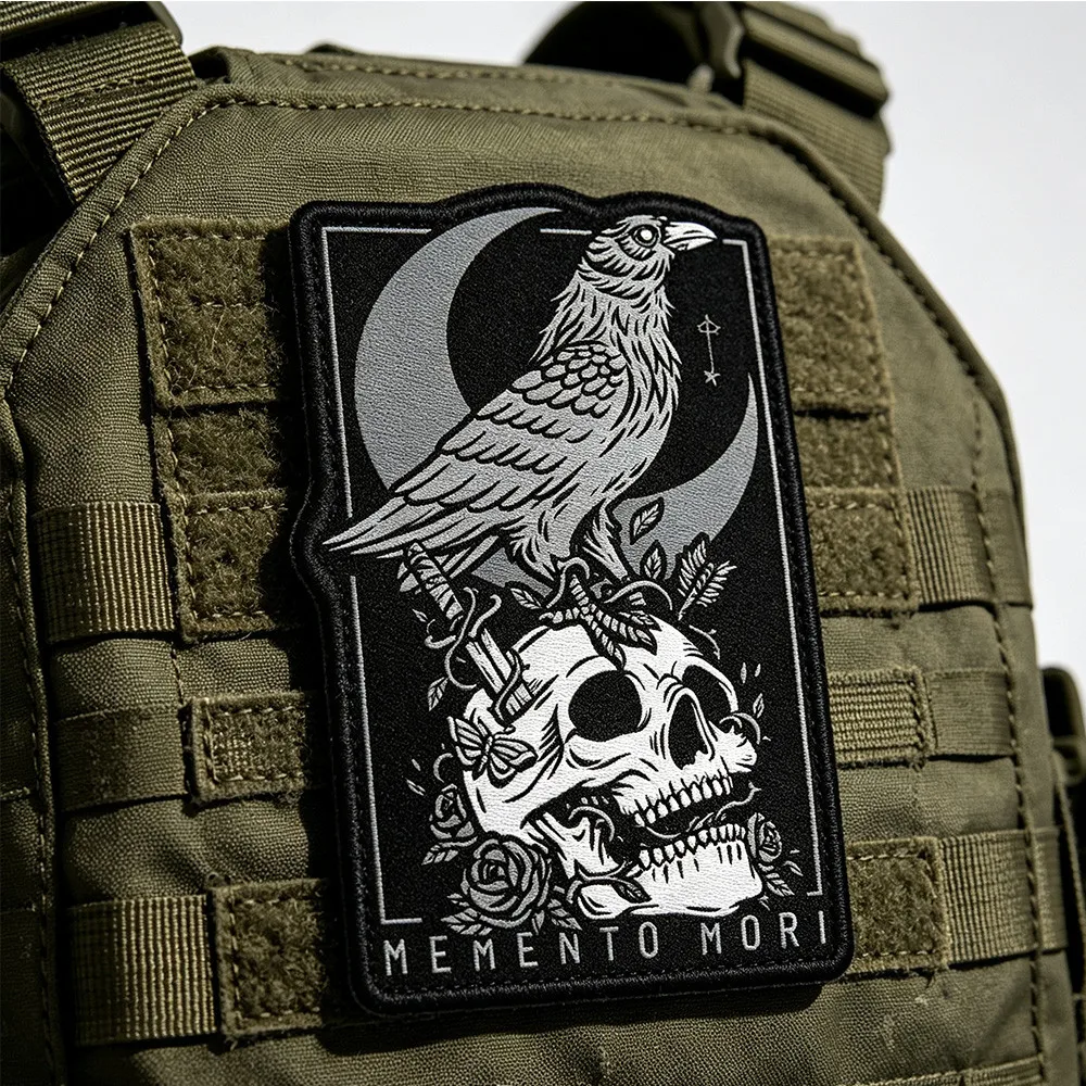 Memento Mori Badge Black Crow Skull Tactical Printed Cloth Patches Punk Style Morale Armband Hook&Loop Backpack Patch