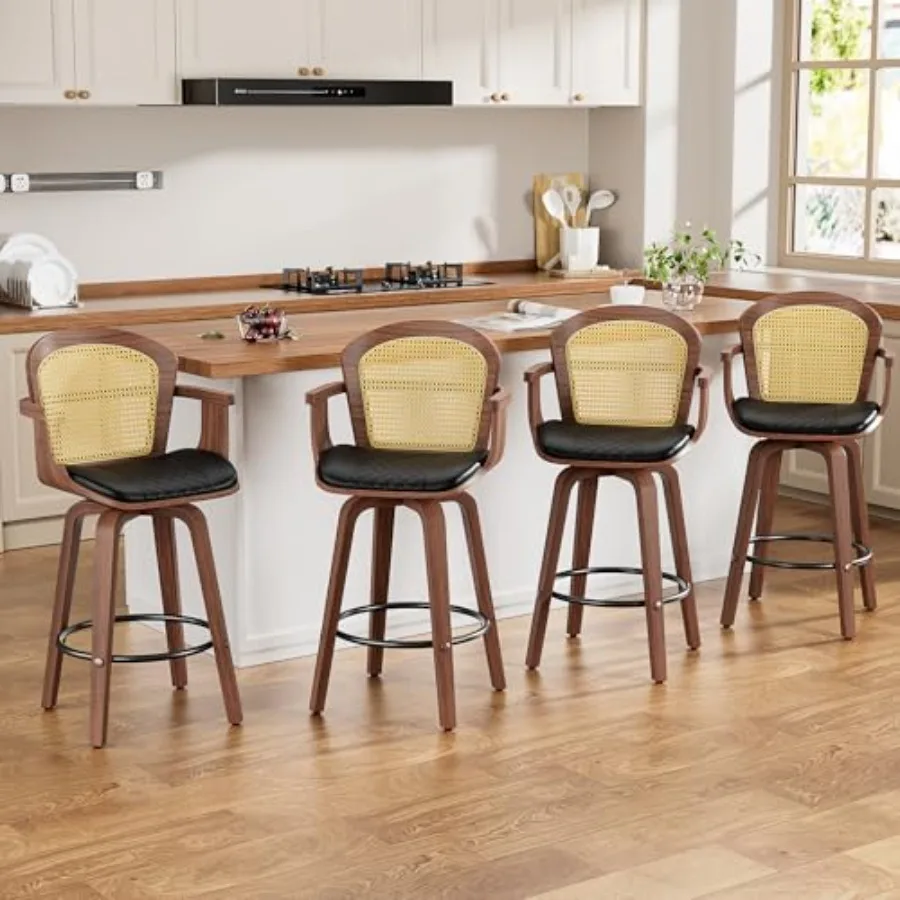 

Rattan Bar Stools Set of 4, 26" Bentwood Barstools with Arms, Mid-Century Modern Counter Height Swivel Bar Chairs, PU Leather C