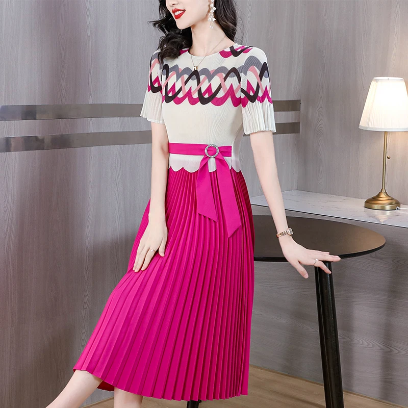 

Pleated Lapel Belt Dress Women 2024 Spring New Original Designer Short Sleeve Cardigan Long Dress