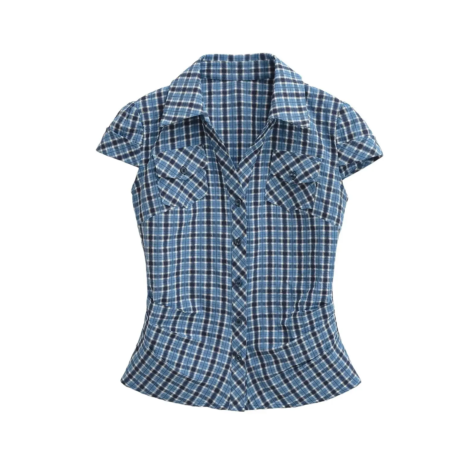 韓国風ウエストカットスリムフィット半袖シャツ レディース 夏新作 ポケット付きシャツ ピュアデザイアトップ 通勤スタイル 綿混紡