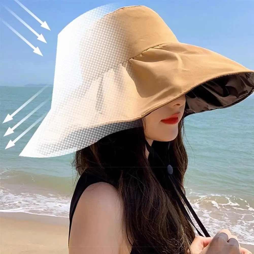 Wide Brim Sun Hats For Women Summer Black Glue Bow Female Panama Fold Beach Hat Anti-UV Face Sunscreen Sun Bucket Hats