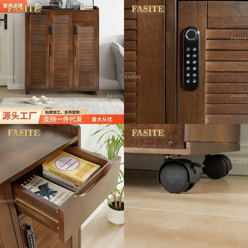 For Solid Wood Shoe Cabinet with Lock Wheels Multi-layer Movable Storage Household Porch Door Staircase Breathable Organizer