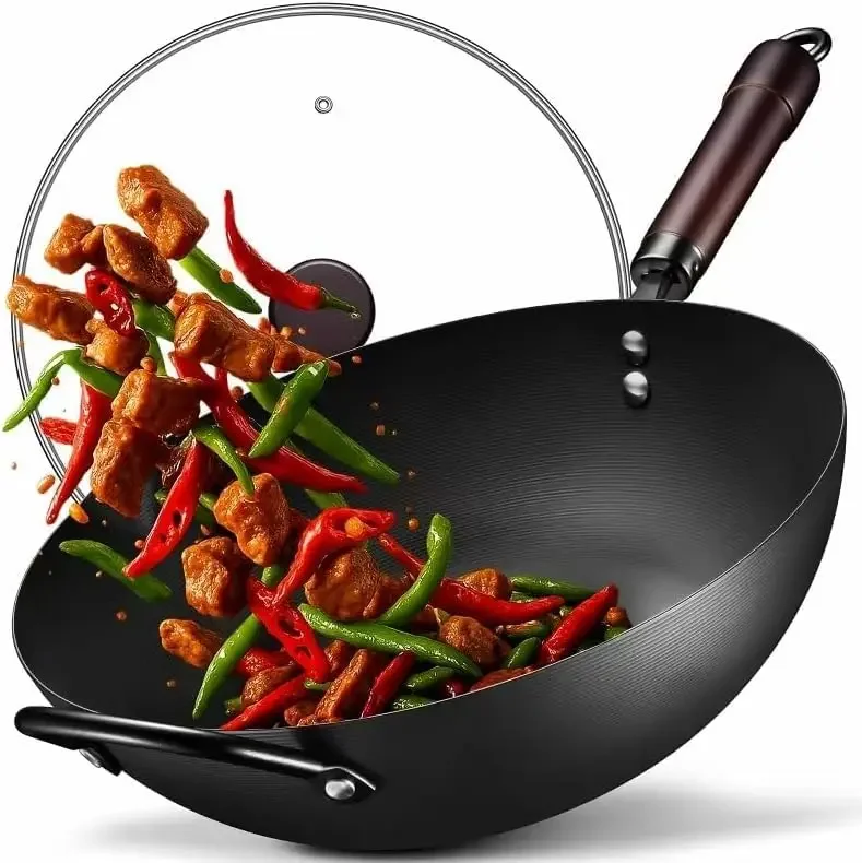 13 Inch Carbon Steel Woks & Stir-fry Pans Nonstick | Pre-Seasoned 5.8QT Flat Bottom Chinese Wok Paella Pan with lid,PFOA/PTFE free Cookware Compatible with All Cooktops