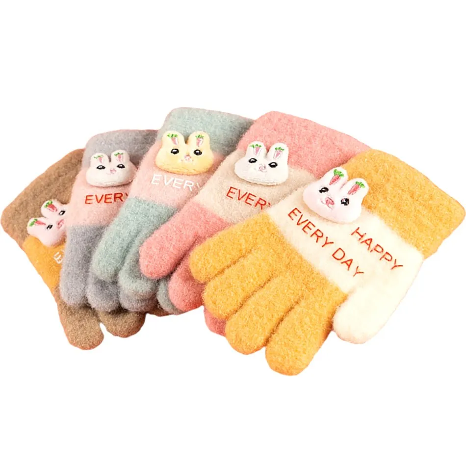 Kids Gloves Little Girl Snow Fleece Mitts Children Happy Every Day Bunny Winter Full Fingers Mittens Baby Accessories  3-5 Years