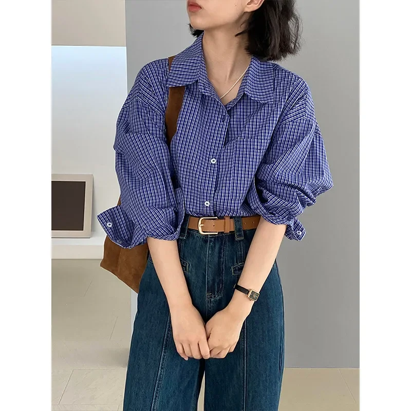 Early Autumn Vintage Blue Checkered Shirt for Women, Loose and Lazy Long Sleeved Top