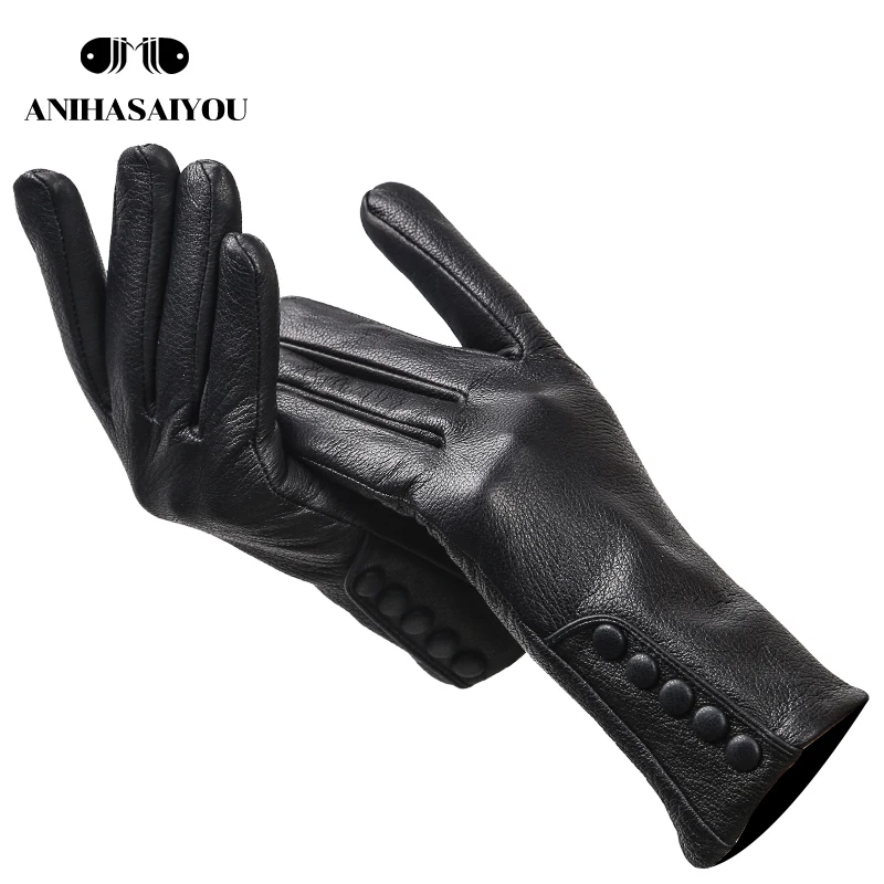 High-grade genuine leather gloves women,warm women\'s leather gloves,Side buckle genuine leather mittens women\'s winter -2207