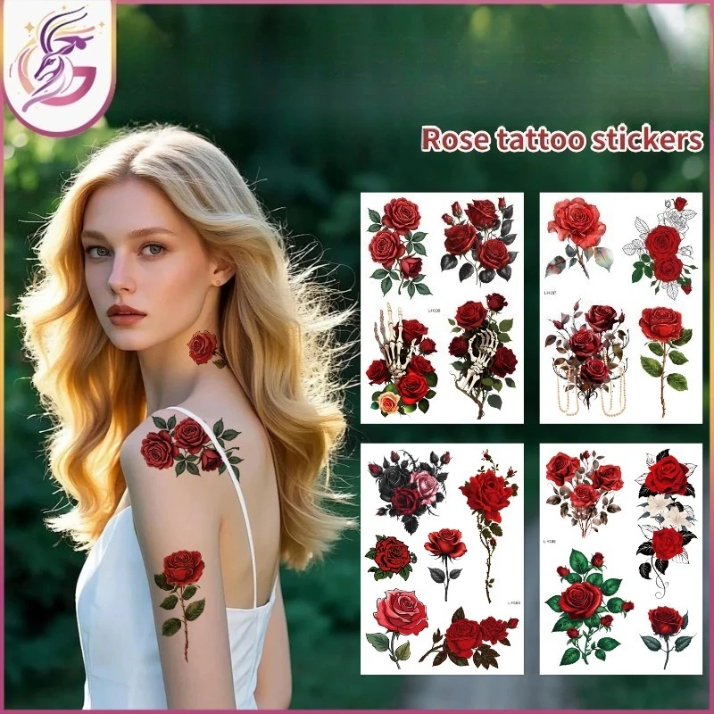 ملصقات وشم على الطراز القوطي على شكل وردة حمراء واقعية مع تصميم جمجمة لمكياج الهالوين الليلية والحفلات الليلية #1