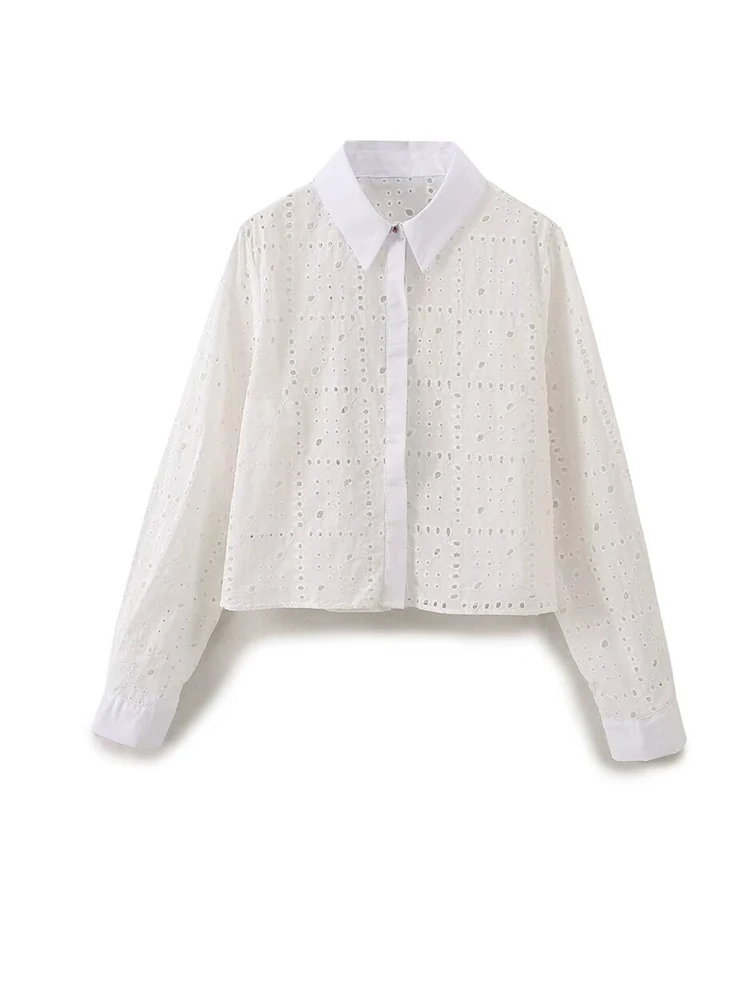 

Women Long Sleeve Embroidery Hollow Out Shirts Crop Blouses Loose Tops