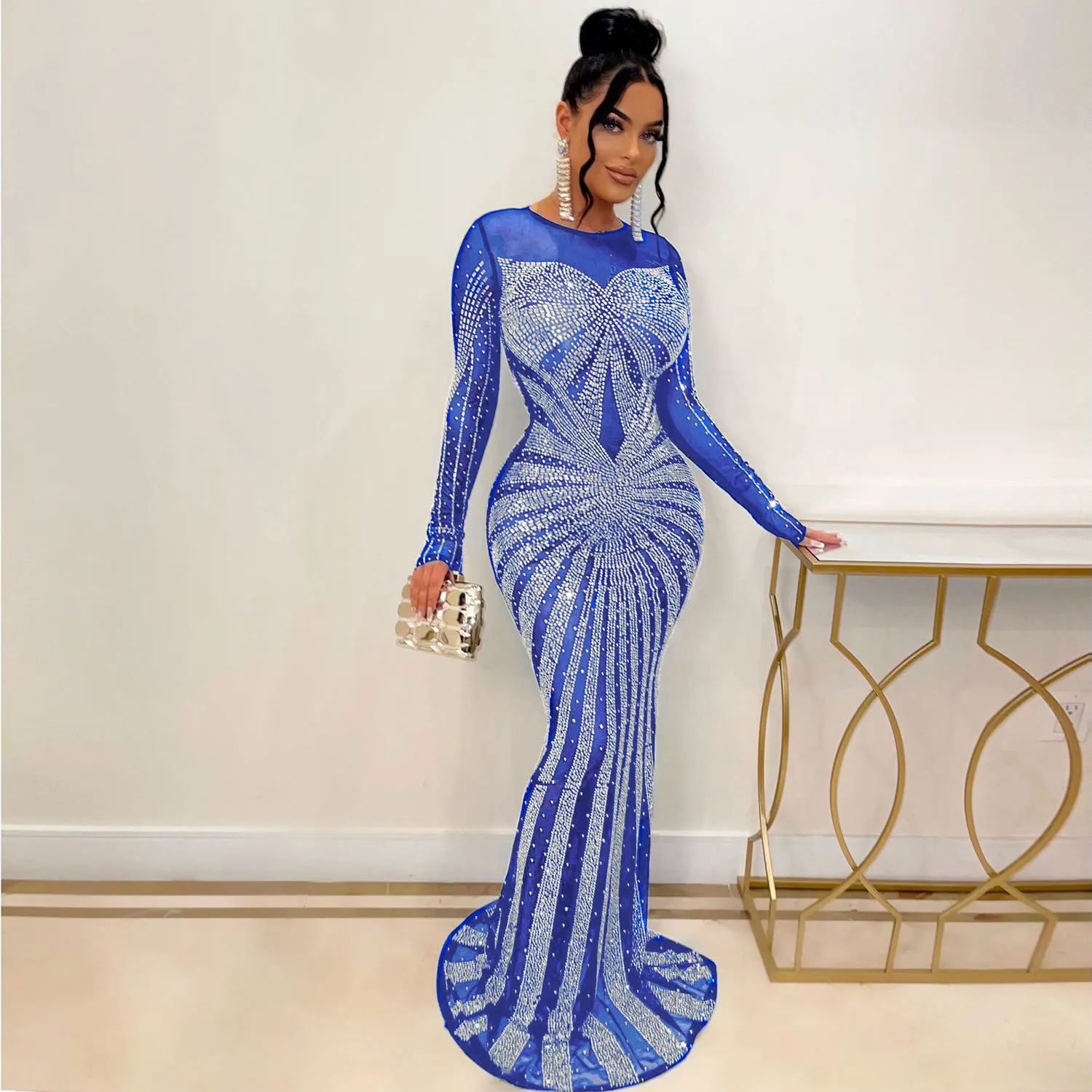 2023Luxurious Sexy Rhinestone Crystal Mesh See Through Maxi Dress New Women Long Sleeve Birthday Night Clubwear Long Party Dress