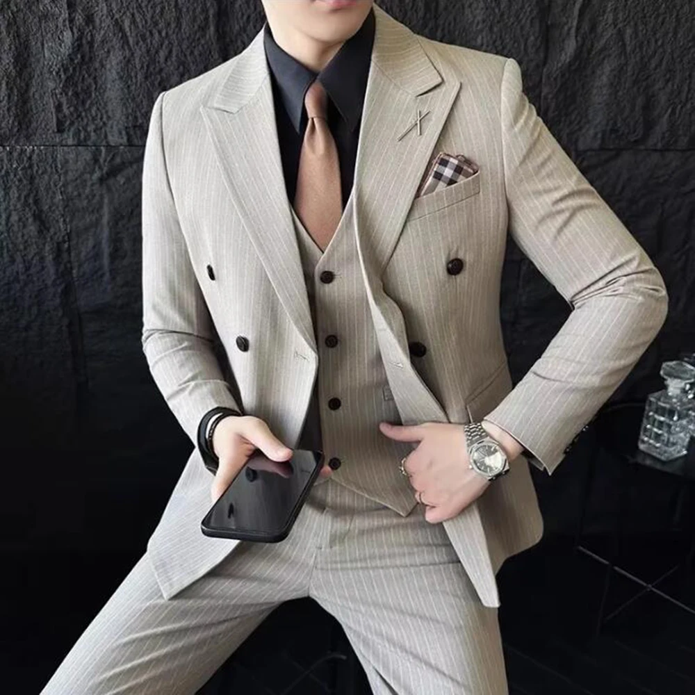 Luxury Striped Suits for Men Gray Black Brown Navy Blue 3 Pieces Jacket Pants Vest Male Clothing Banquet Business Costume Homme