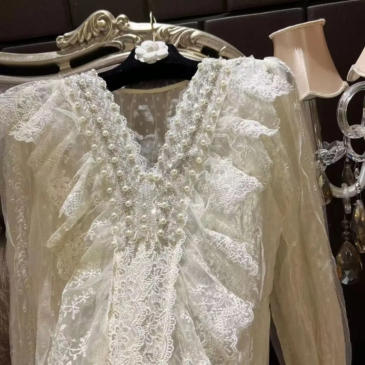 

Woman Beading Embroidery Lace T-shirt 2026 Autumn Women Elegant V-neck Puff Sleeve Shirt Spring French Chic Long Sleeve Blouses