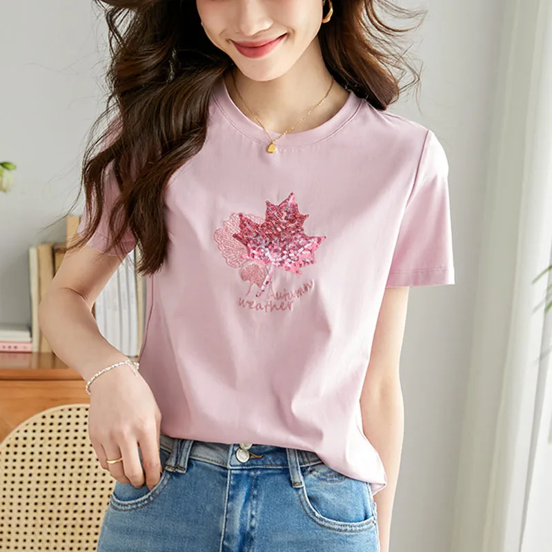 2023 Summer Korean Fashion Sequin Cotton T Shirt Women Casual Short Sleeve Tshirts Female Pink Tops O Neck Tees Ropa De Mujer