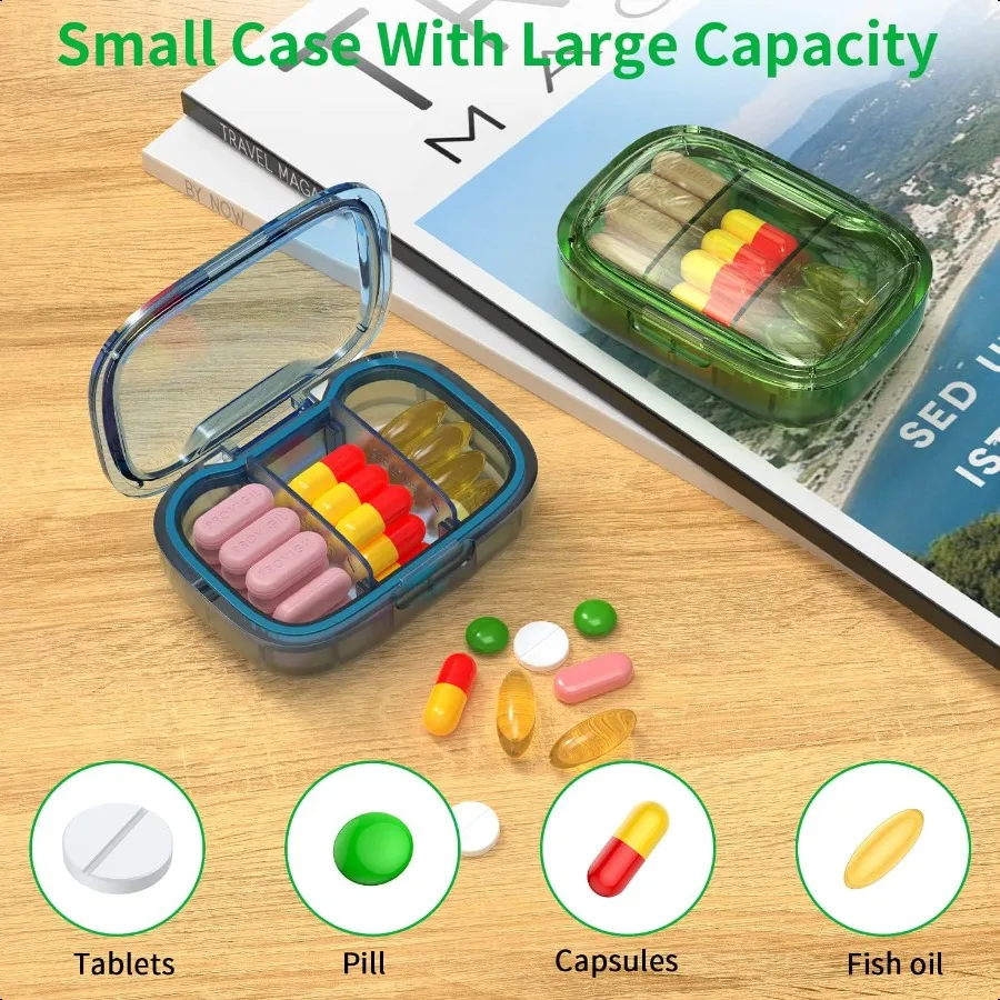 2er-Pack kleine Pillendose mit 3 Fächern, feuchtigkeitsbeständig, Reise-Organizer für Taschen, Geldbörsen, täglich, tragbar, Medikamenten-Vitaminbehälter