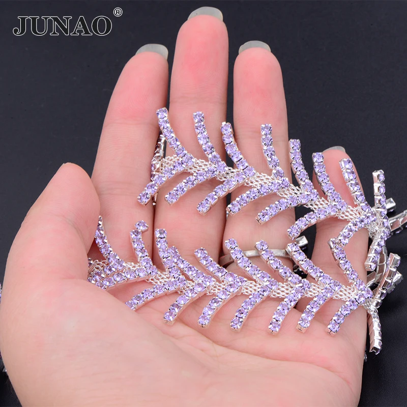 JUNAO 1 Yard Violet Willow leaves Sewing Glass Rhinestone Chain Flatback Crystal Silver Base Strass Banding For Wedding Dress