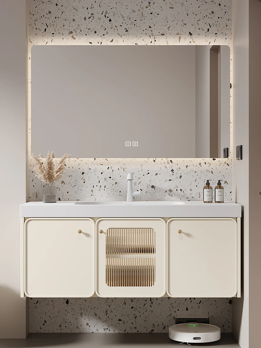 Corian-mueble de baño con lavabo integrado, mueble con combinación de pintura de roble, lavabo inteligente para piscina, con sensación de piel