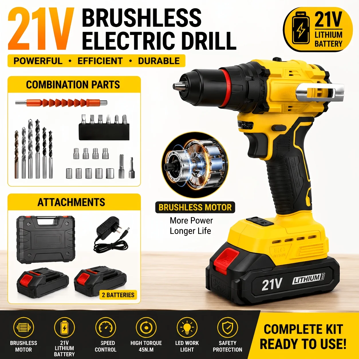 

21V True Brushless Cordless Drill Set, Real High Power Motor, Long Runtime Battery, Professional Grade Drill Driver Kit with Complete Additions for Home And Jobsite