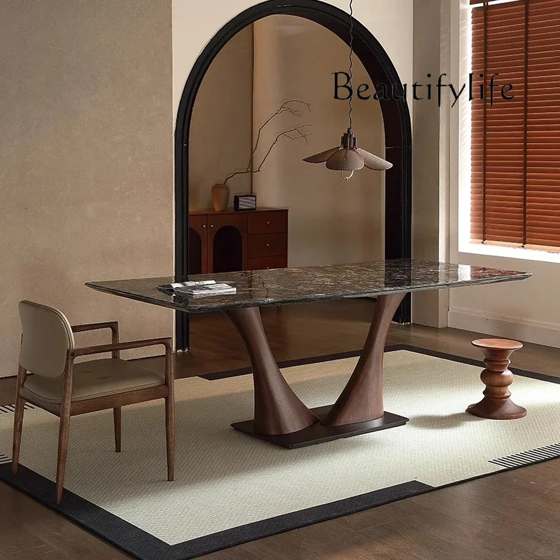 v High-end walnut color designer dining table and chair combination large apartment minimalist marble dining table