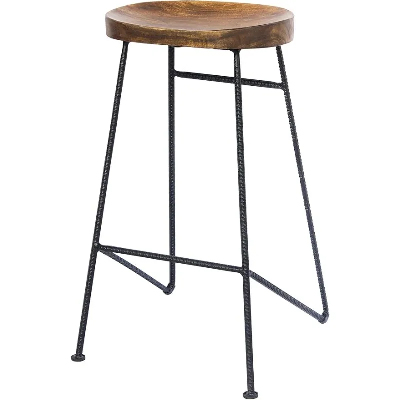 Mango Wood Saddle Seat Bar Stool With Iron Rod Legs