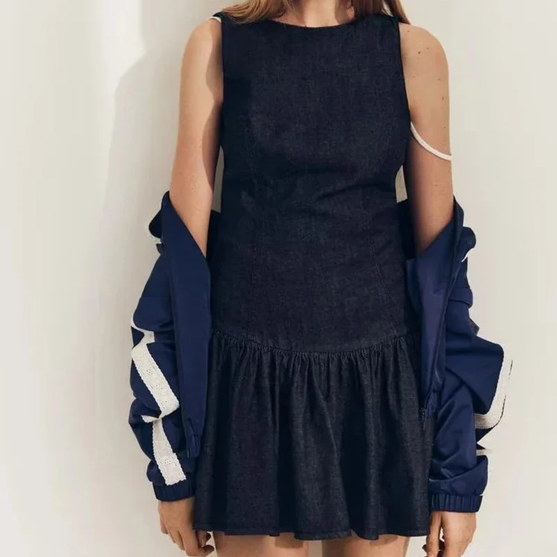 Z feminino Faionable Denim Effect ort Dr Spring New Sle Decoração em camadas Dr Fibra de poliéster