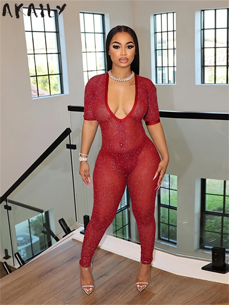 

Akaily Summer Red Sexy Deep V-Neck Jumpsuit Midnight Clubwear For Women 2024 Short Sleeve See Through Coquette Skinny Jumpsuits