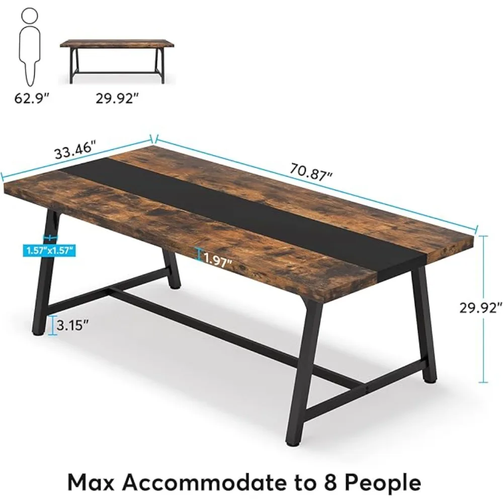 Table à manger pour 8 personnes, table de cuisine rectangulaire en bois de 70.87 pouces avec cadre métallique pour la baignade, grande salle à manger industrielle et longue