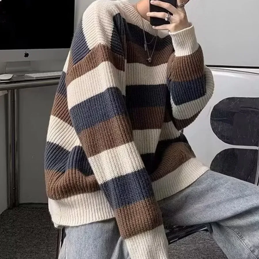 

Men's Striped Colorblock Knitted Sweater Autumn Winter Thick Loose Warm O-Neck Long Sleeve Soft Pullover Elastic Pullover Male