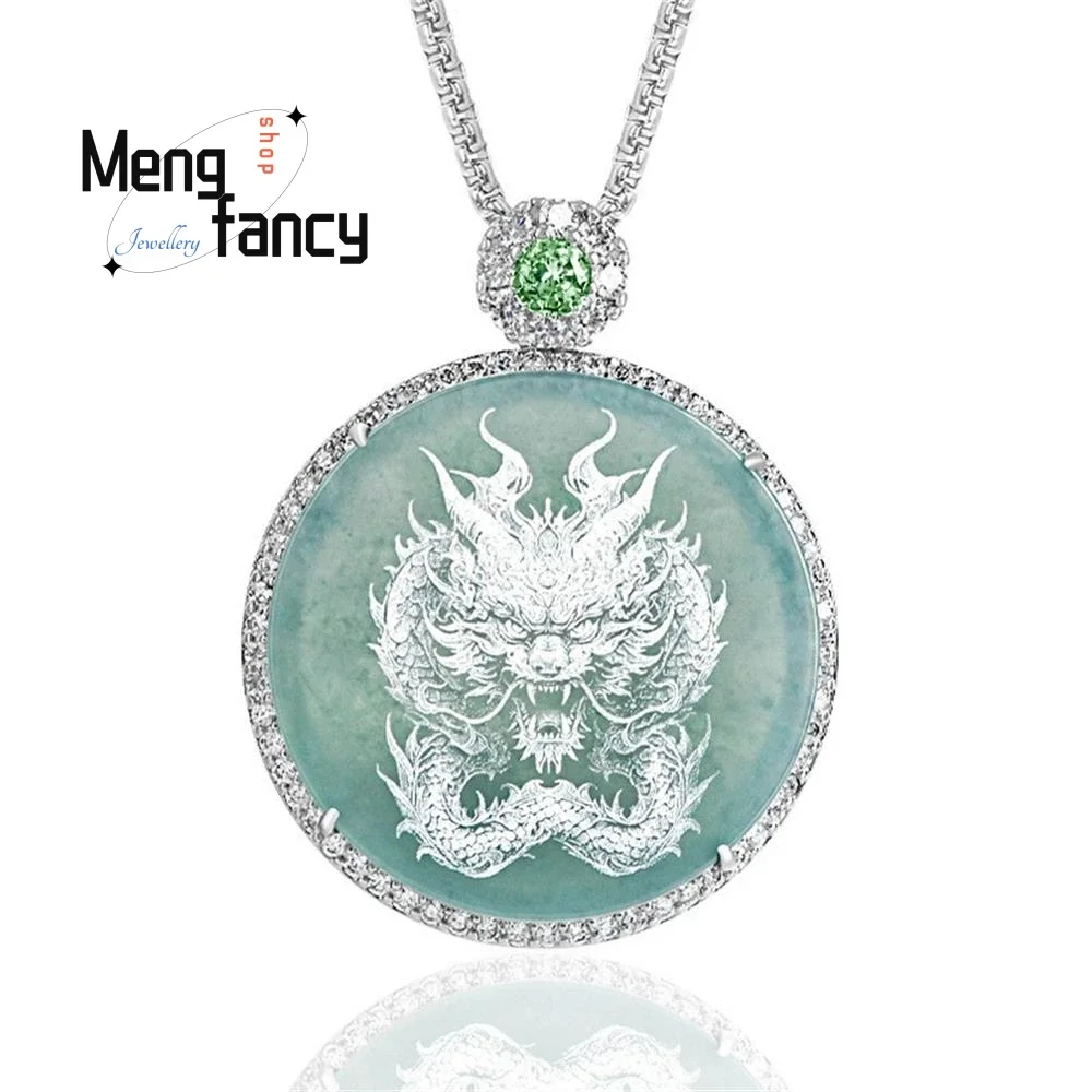 

Natural A-goods Jadeite Blue Water Shadow Carving Dragon Bronze Silver-plated Inlaid Icy Jade Pendant High-grade Fashion Jewelry