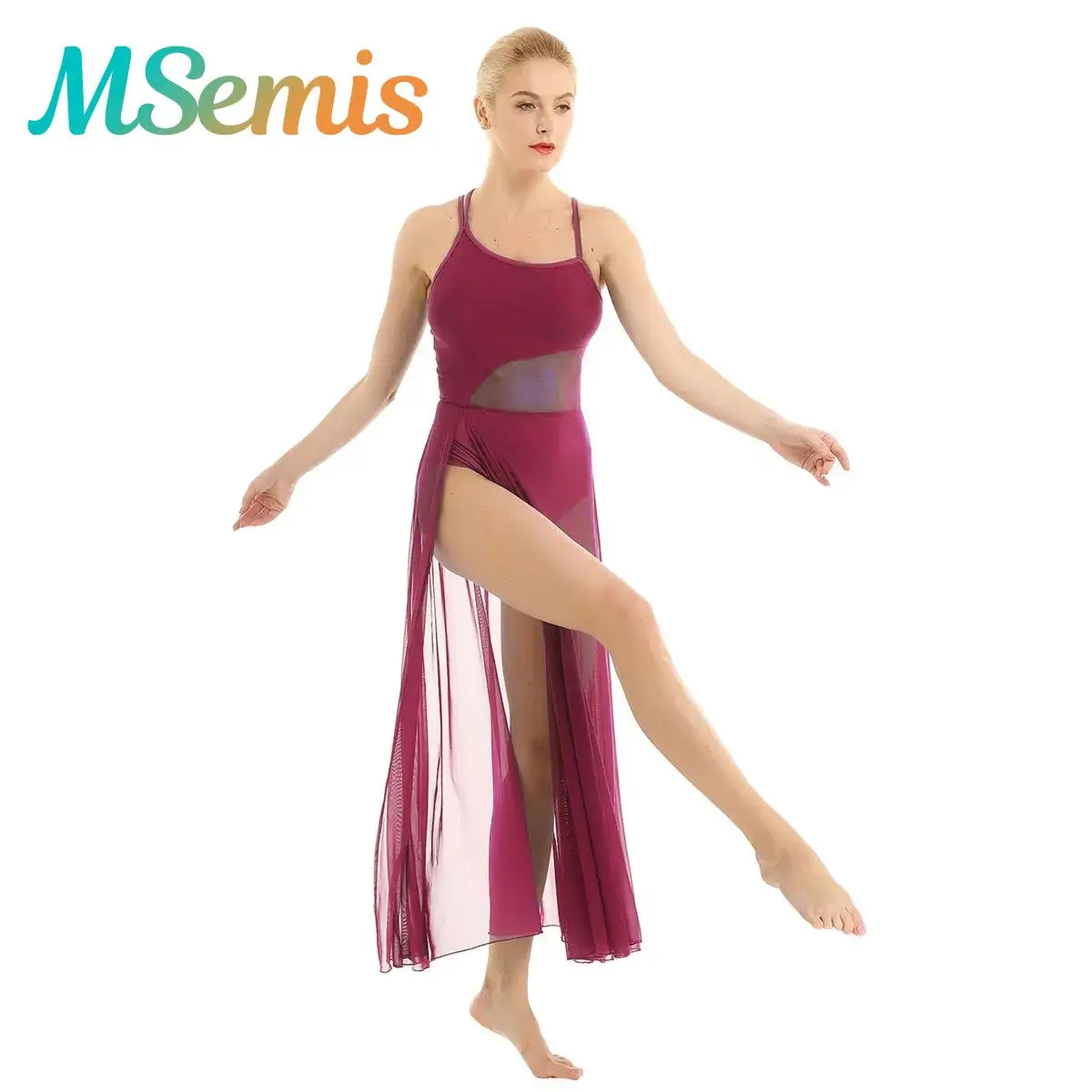 Damen Erwachsene Ballett Lyrical Dance Kleider Gymnastik Eiskunstlauf Kostüm Ballsaal Trikot Tüll Split Mesh Overlay Maxikleid