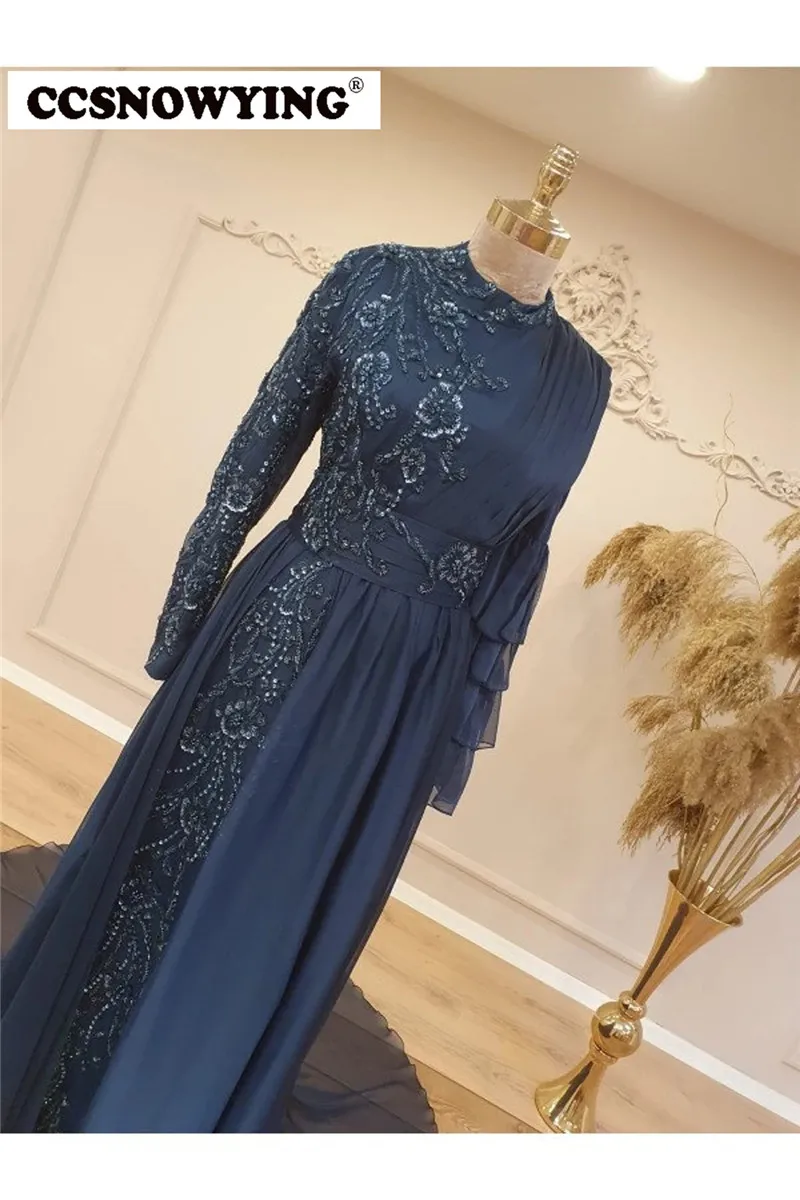 Azul marinho muçulmano vestido de noite chiffon apliques manga longa formal vestido de festa alta pescoço hijab árabe kaftan vestes islâmicas