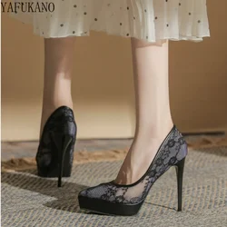 Sexy Lace Mesh Platform High Heels Thin Heel Pointed Toe Single Shoes Comfort Breathable Womens Sandals Small Size 32 33